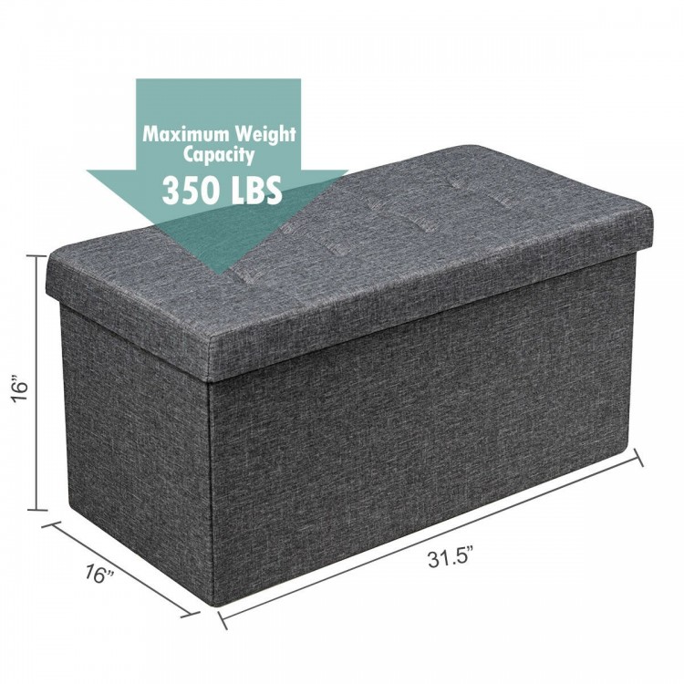 Foldable dark gray storage ottoman with removable bin, sturdy MDF frame, and 350 lbs capacity for versatile use.