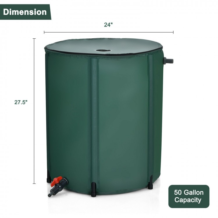 53-gallon portable collapsible rain barrel with a durable PVC frame, featuring a dual-way zippered top for easy access.