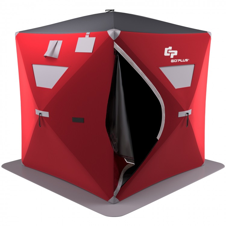 Red 2-person portable pop-up ice shelter fishing tent made of 300D oxford fabric, featuring detachable windows for.