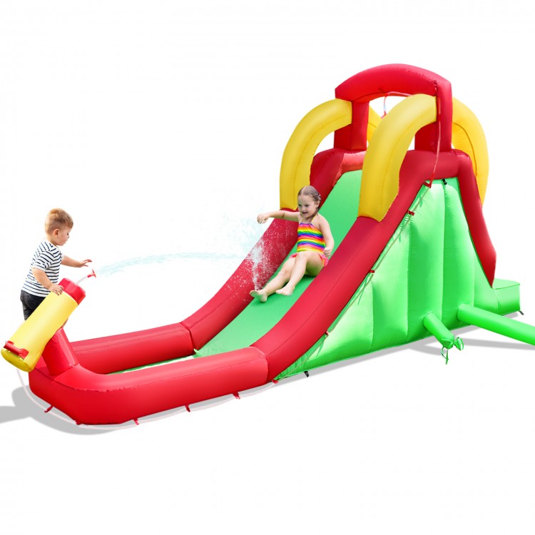 Inflatable water slide bounce house with climbing wall, made of durable Oxford fabric, perfect for backyard fun.