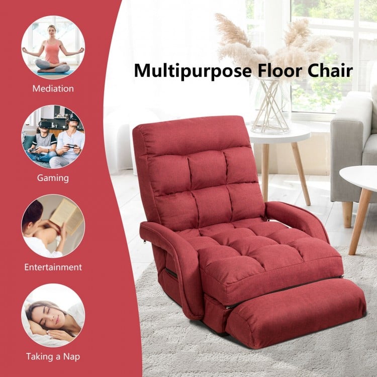 Red folding lazy floor chair with armrests and pillow, adjustable back support for gaming, napping, or relaxation.