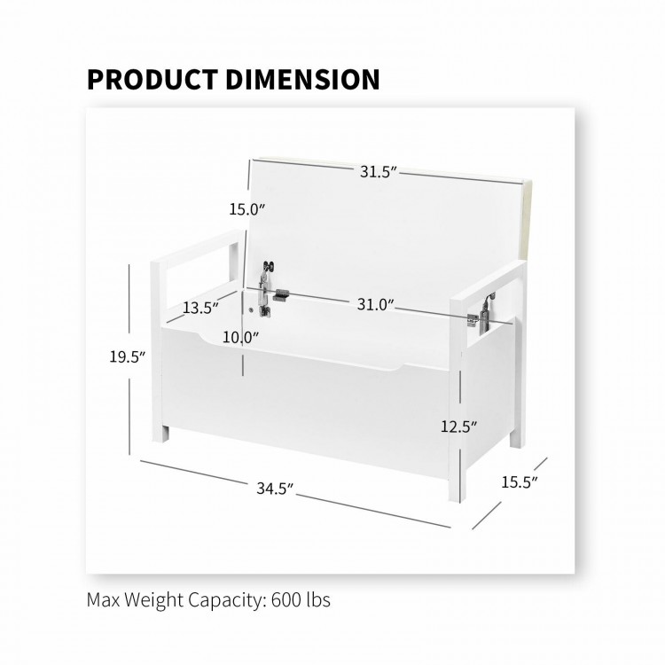 Shoe storage bench dimensions: 34.5 ×15.5 ×19.5 inches, featuring a removable cushion and sturdy MDF construction.
