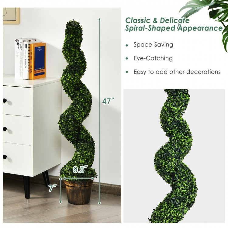 Spiral-shaped 4-foot artificial boxwood topiary in a golden pot, ideal for indoor and outdoor decor.