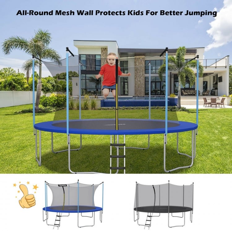 14ft trampoline safety enclosure net with double-headed zipper and breathable PE mesh for all-round protection.