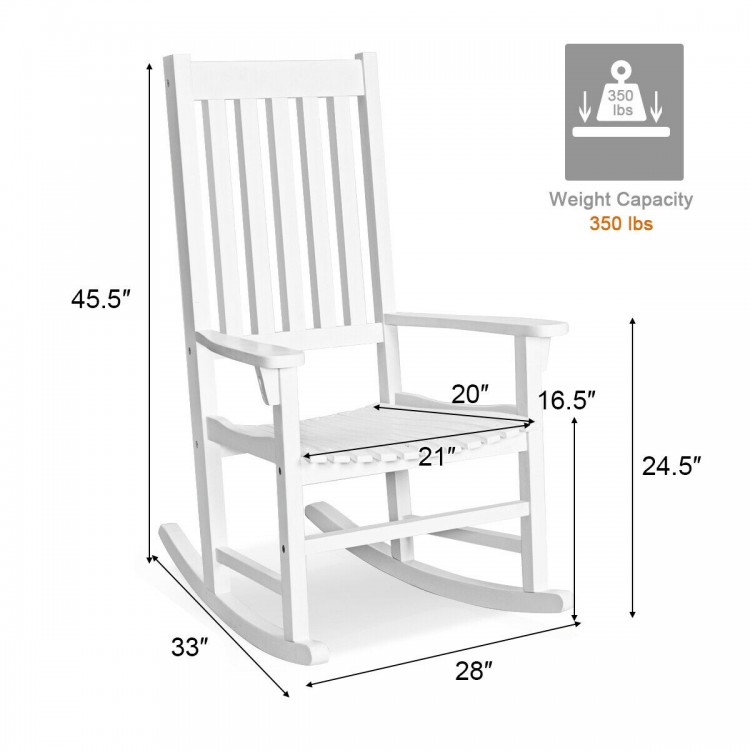 White high back rocking chair made of acacia wood, with a weight capacity of 350 lbs, ideal for indoor and outdoor use.