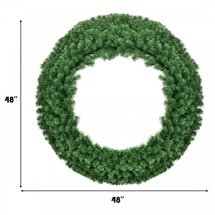 48-inch pre-lit cordless artificial Christmas wreath with 200 warm LED lights, perfect for indoor and outdoor holiday.