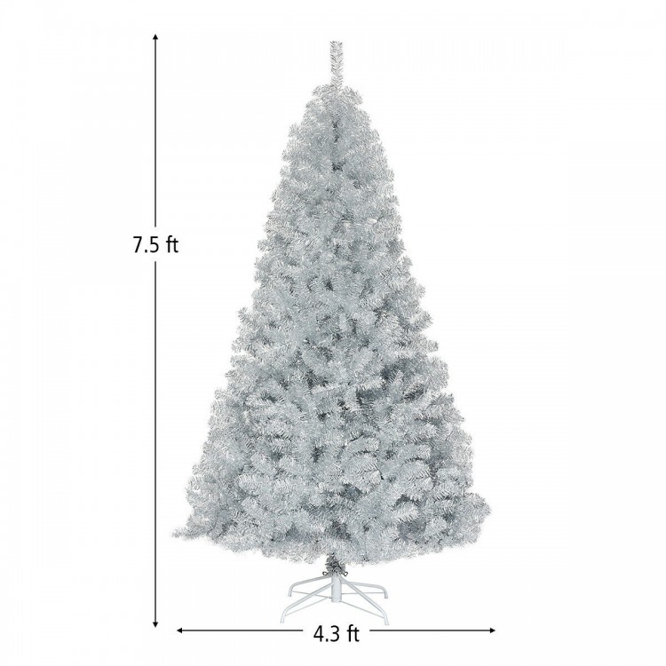 7.5 ft silver tinsel Christmas tree with 1258 branch tips, ideal for indoor and outdoor holiday decoration.