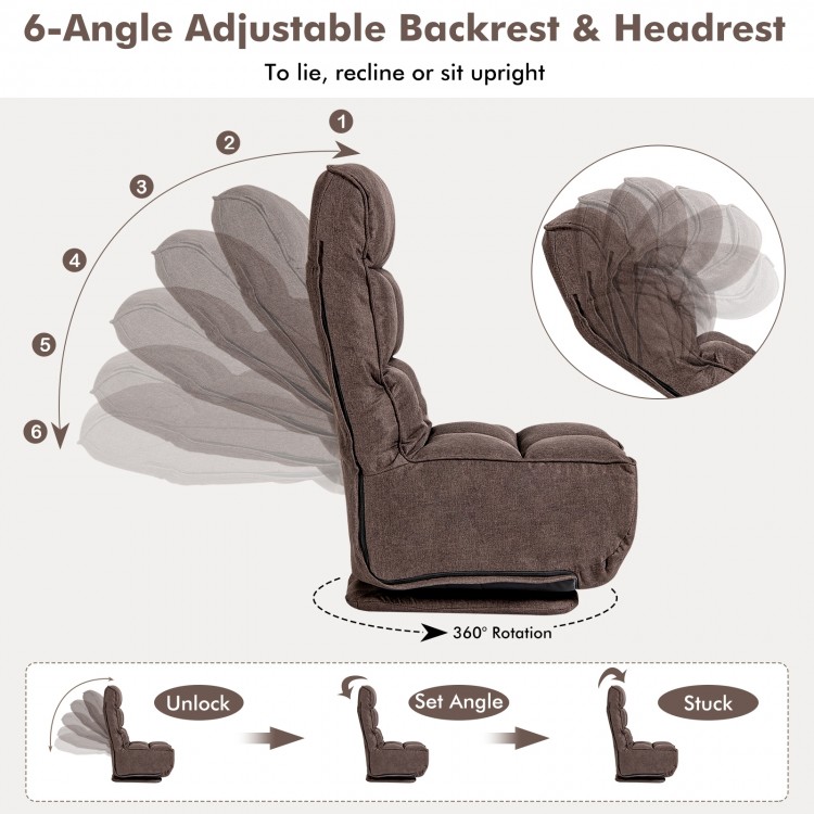 Adjustable floor chair with 6 positions, coffee color, 360-degree swivel base for versatile seating and comfort.