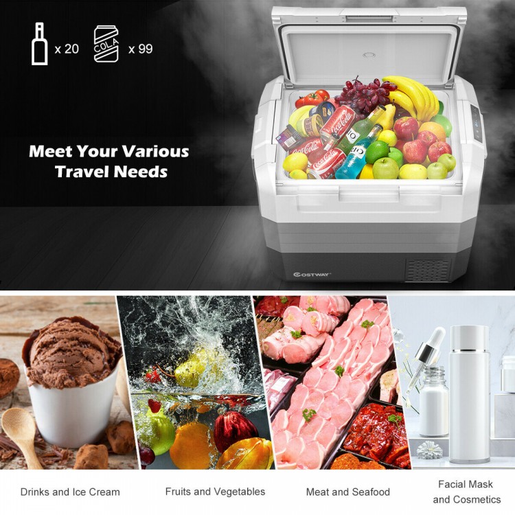 70 Quart Portable Electric Car Camping Cooler with dual-zone design, fast cooling mode, ideal for outdoor use.