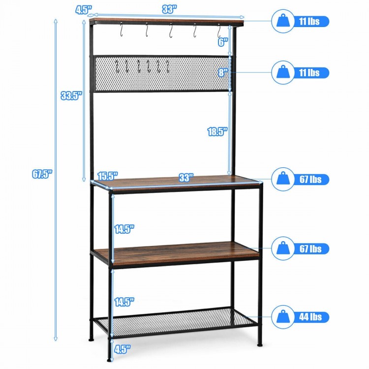 4-tier kitchen rack stand with 3 wooden shelves, grid layer, and 11 hooks for versatile storage and organization.