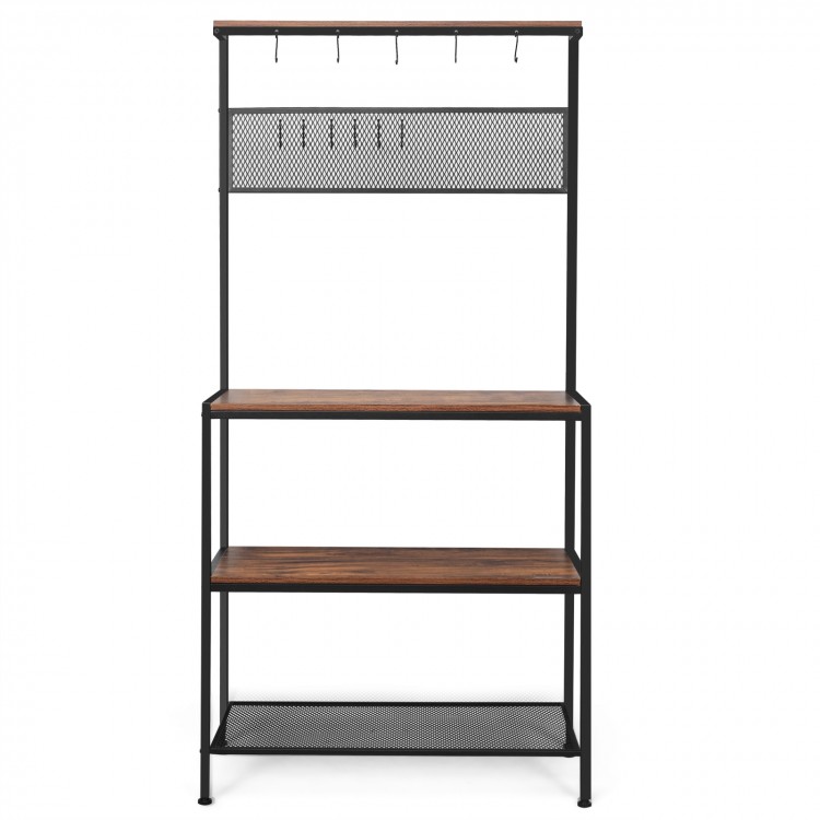 4-tier kitchen rack stand with wooden boards, mesh panel, and 11 hooks for versatile storage and organization.