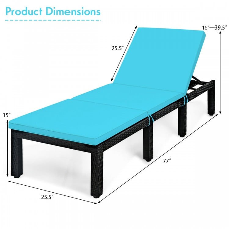 Height adjustable patio rattan lounge chair with blue cushion, featuring a durable steel frame and 6 reclining.