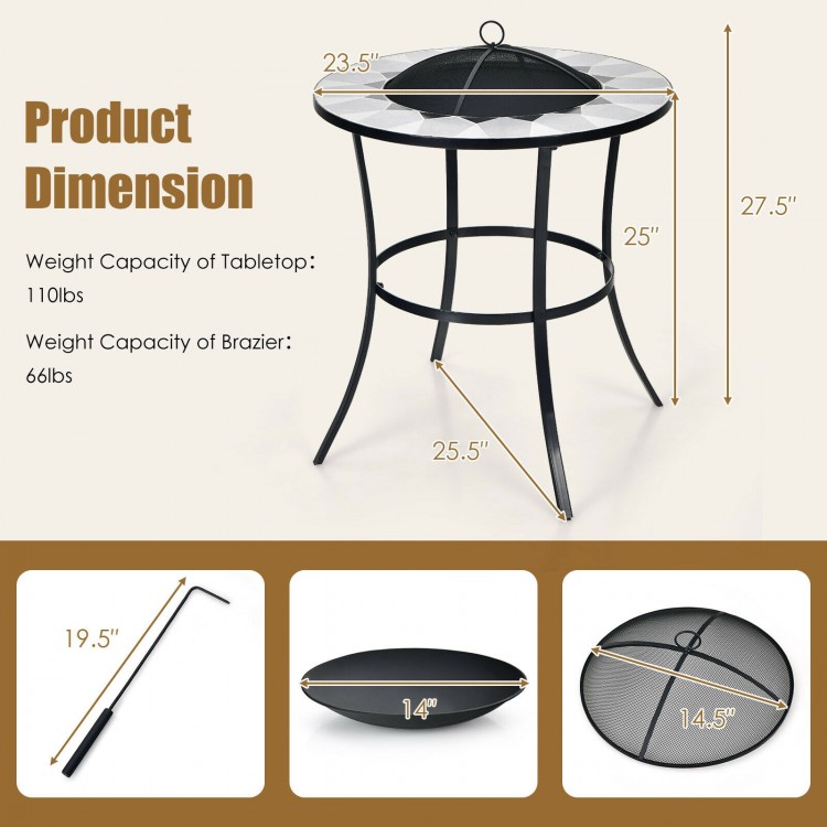 Round fire pit table with mesh cover, 23.5 inches, durable steel frame, ideal for outdoor gatherings and barbecues.
