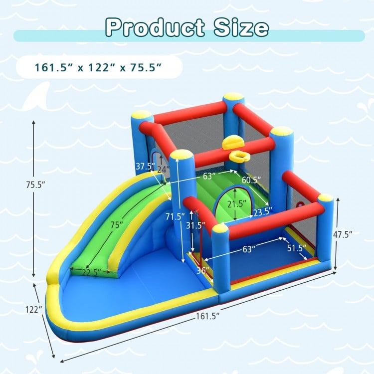 Inflatable kids water slide bounce castle dimensions: 161.5" x 122" x 75.5", suitable for outdoor fun and safety.