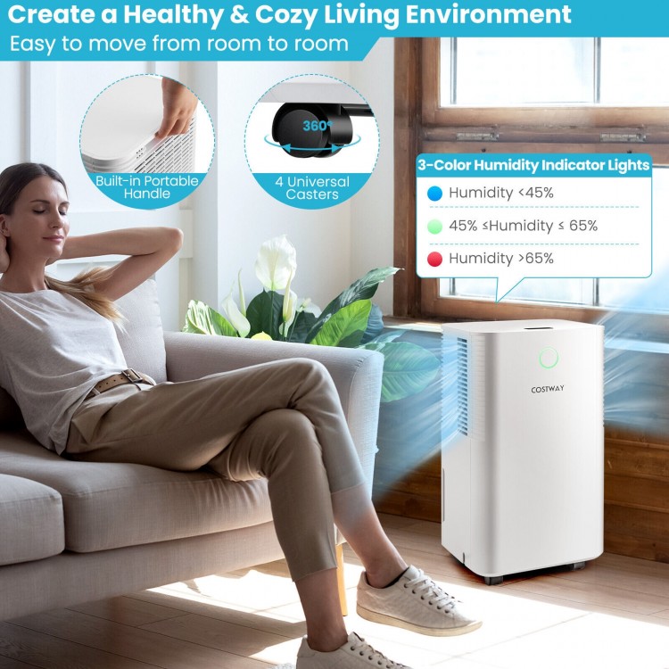 Dehumidifier with 32 pints capacity, 3-color humidity indicator, and portable design for rooms up to 1750 sq. ft.