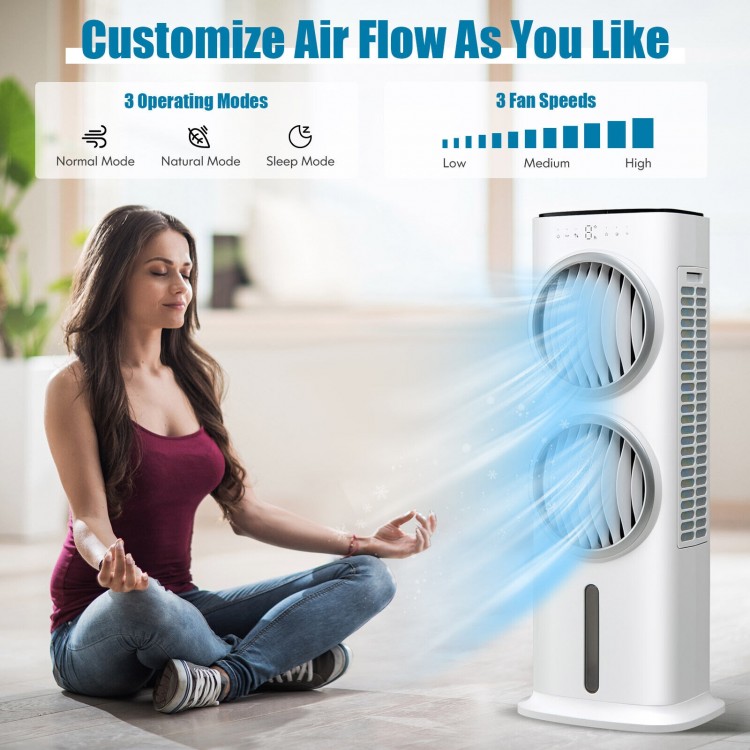 3-in-1 evaporative air cooler in white with remote, showcasing 80° oscillation and customizable airflow for summer.