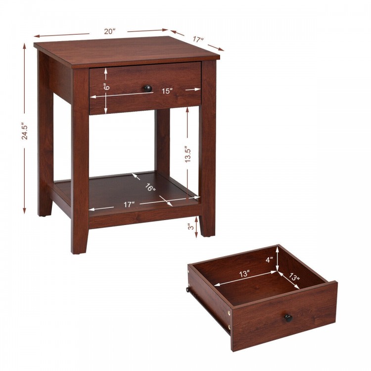 Multi-functional nightstand with drawer and open shelf, made of particleboard, ideal for bedroom or living room use.