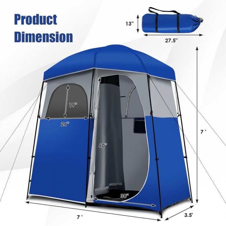 Double-room camping toilet tent in blue, featuring a sturdy steel frame and mesh design for ventilation, ideal for.