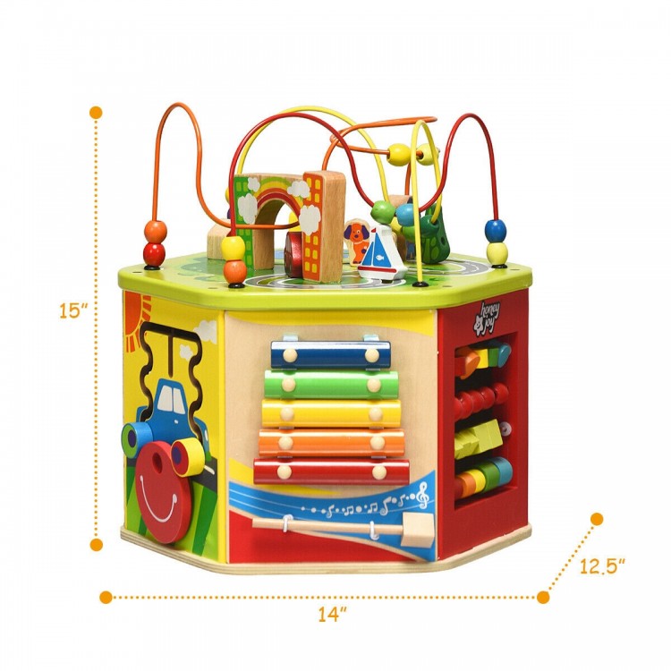 Colorful 7-in-1 wooden activity cube toy with bead maze, xylophone, and shape sorter for kids' early education and fun.