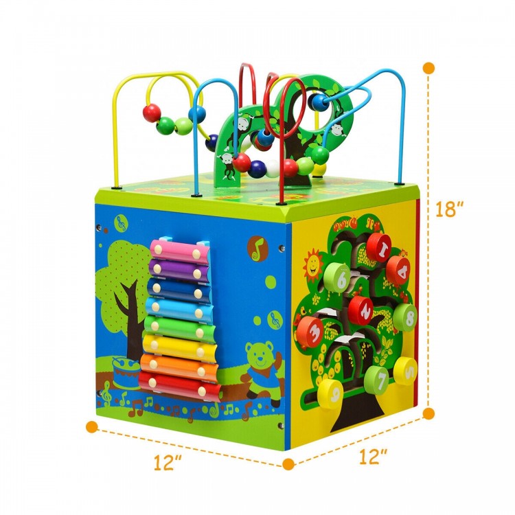 Colorful 5-in-1 wooden activity cube toy with bead maze, xylophone, and gear for early education and fun for kids.
