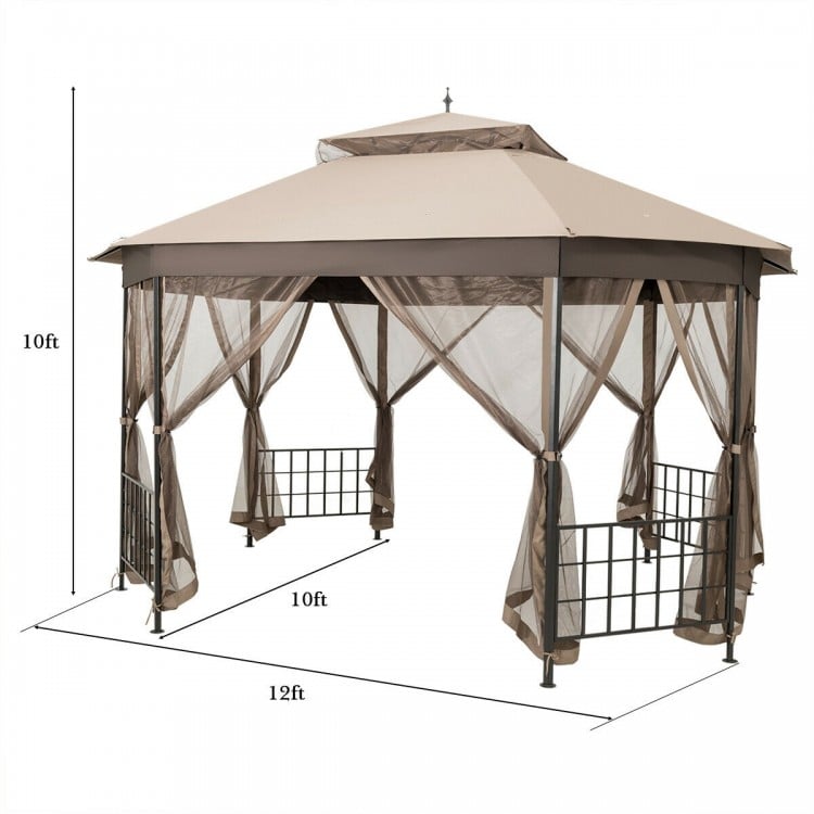 Octagonal 10’x12’ brown patio gazebo with a dual-tier roof, zippered sidewalls, and sturdy steel frame for outdoor.