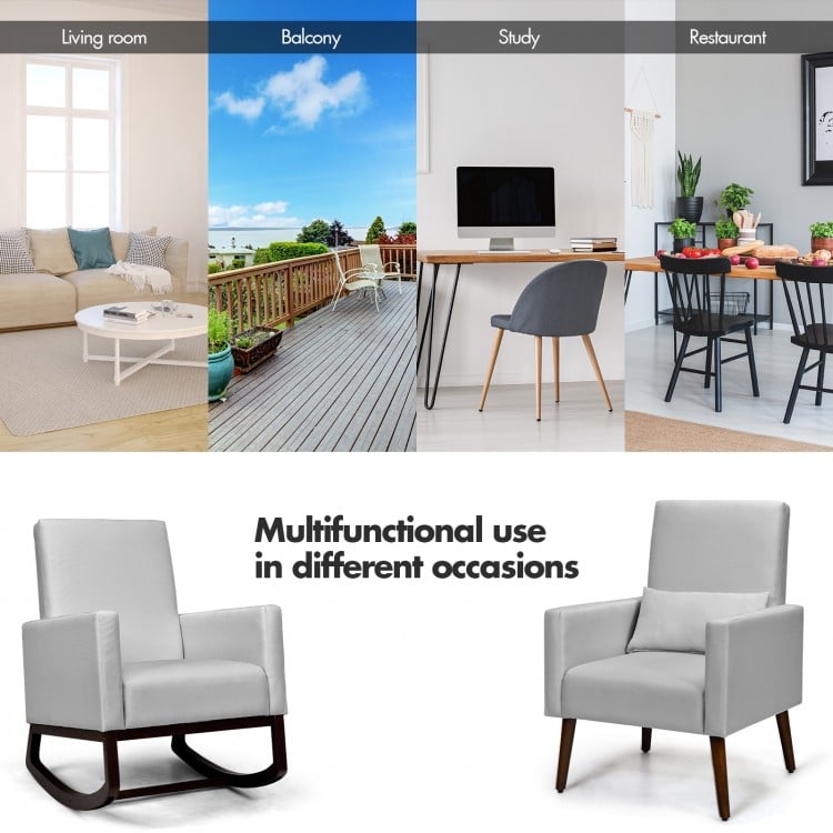 Light gray 2-in-1 fabric upholstered rocking chair with pillow, suitable for living room, study, or balcony use.