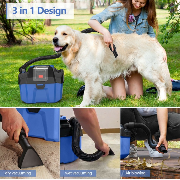 Cordless 18V wet-dry vacuum in blue, featuring a 2.7-gallon tank, ideal for home and garden cleanup.