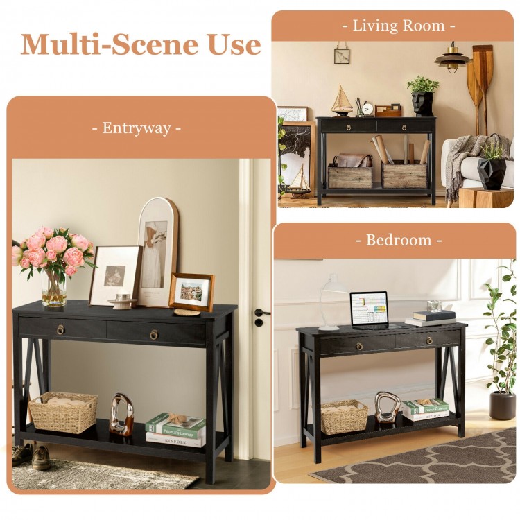 Black console table with 2 drawers and open shelf, ideal for entryway, living room, or bedroom organization.