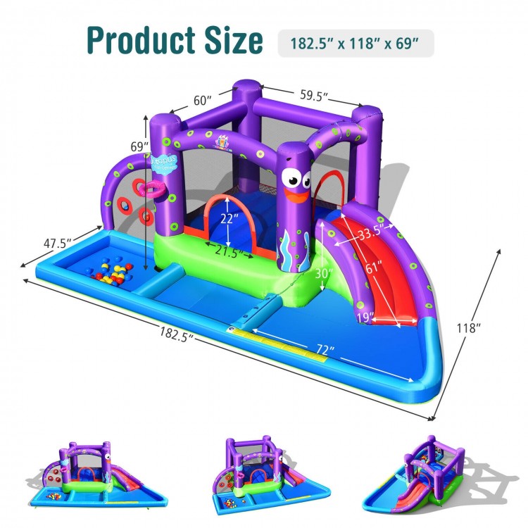 Inflatable water slide castle featuring a jumping area, splash pool, and slide, designed for backyard fun for kids.
