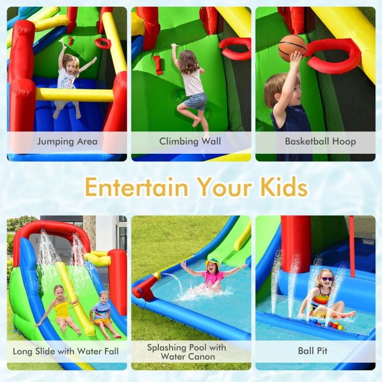 Inflatable water slide featuring a climbing wall, basketball hoop, and splash pool for kids' summer fun.