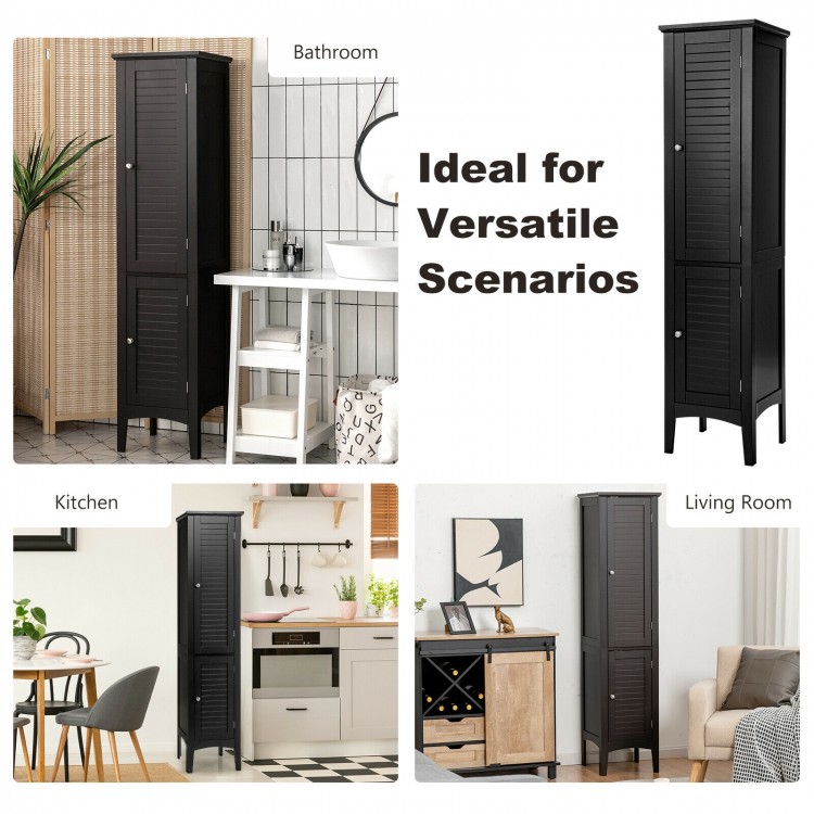 Freestanding black bathroom storage cabinet with five layers, ideal for maximizing space in kitchens and living rooms.