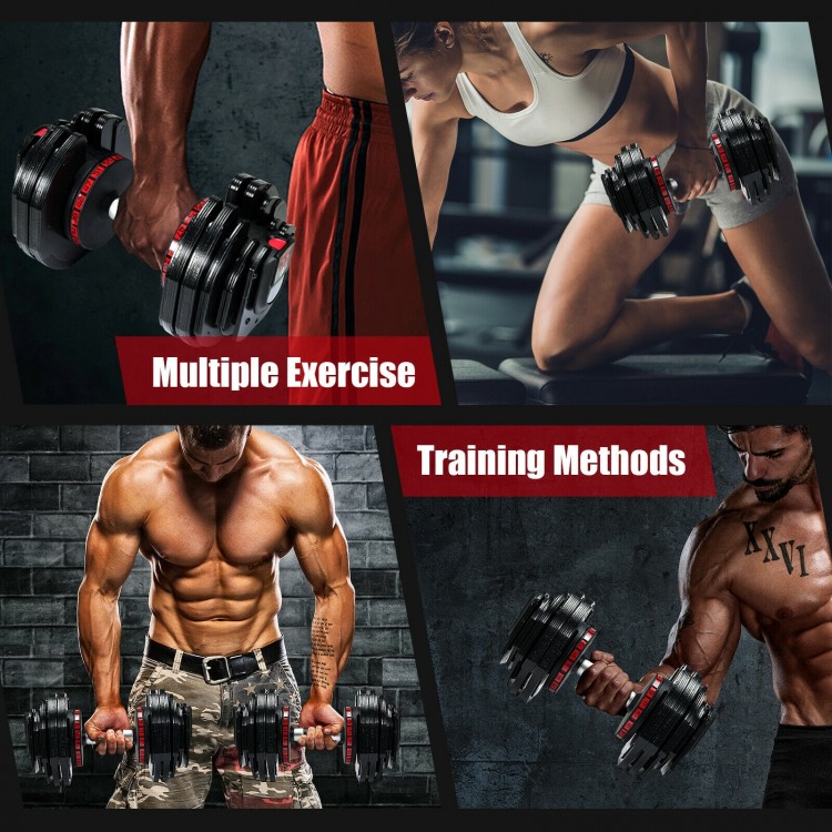 Adjustable 55lbs dumbbell with ergonomic handle and 18 weight settings for versatile strength training at home or gym.