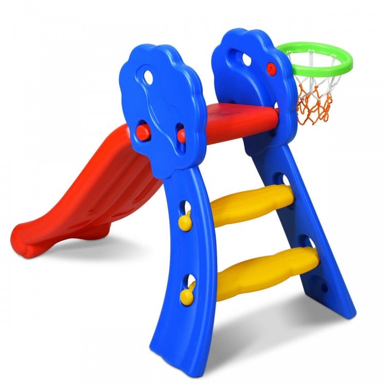 Colorful 2-step kids plastic folding slide with basketball hoop, designed for indoor play and enhanced safety features.