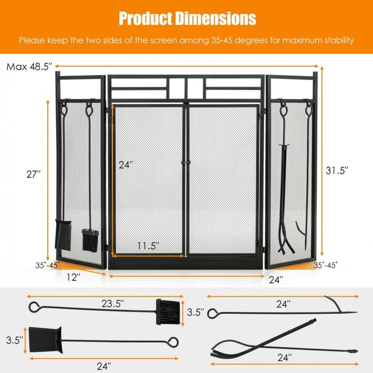 3-panel folding wrought iron fireplace screen in black with tools set, designed for safety and durability, ideal for.