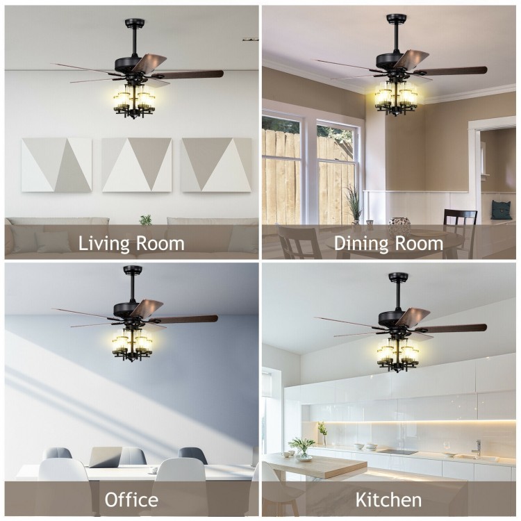 50-inch black ceiling fan with explosion-proof glass lampshades, suitable for living room, dining room, and office use.