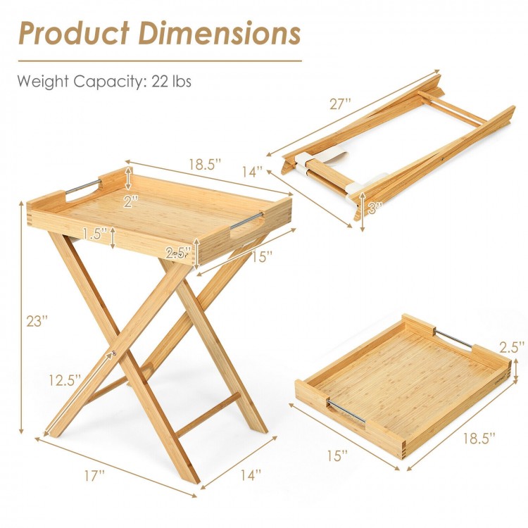 Bamboo lipped snack side table with removable tray, featuring steel handles and a collapsible frame for easy storage.