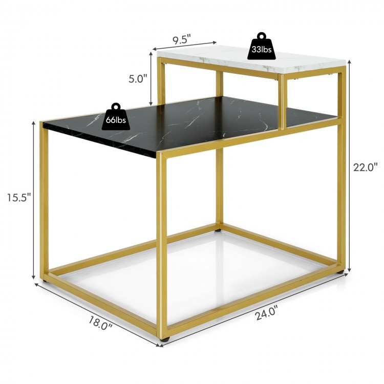 Stepped design of a 2-tier end table featuring a white marble top, sturdy metal frame, perfect for stylish living room.