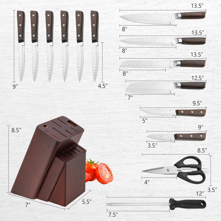 15-piece stainless steel knife block set with ergonomic hardwood handles, including chef knife, sharpener, and kitchen.
