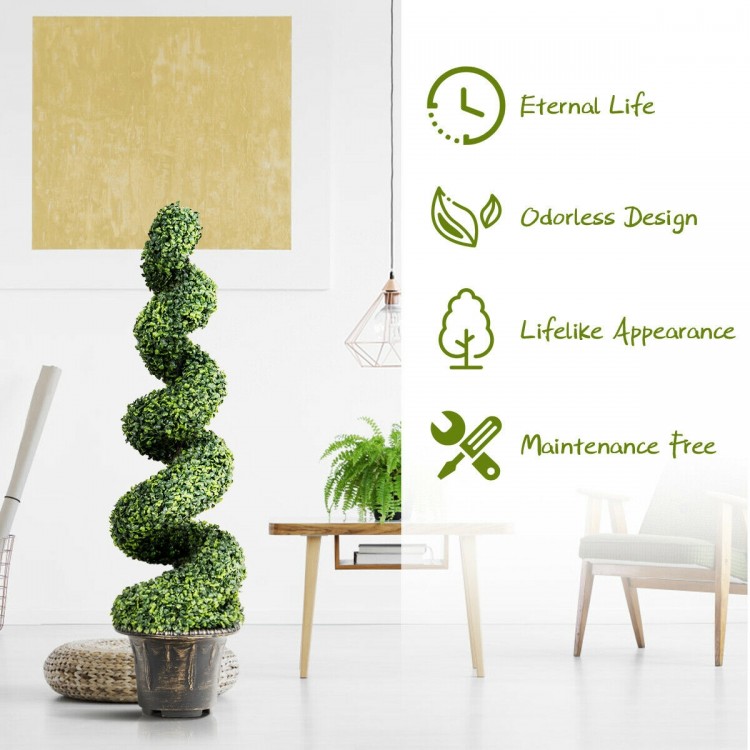 4 feet artificial boxwood spiral tree with green leaves, maintenance-free design, perfect for indoor and outdoor.