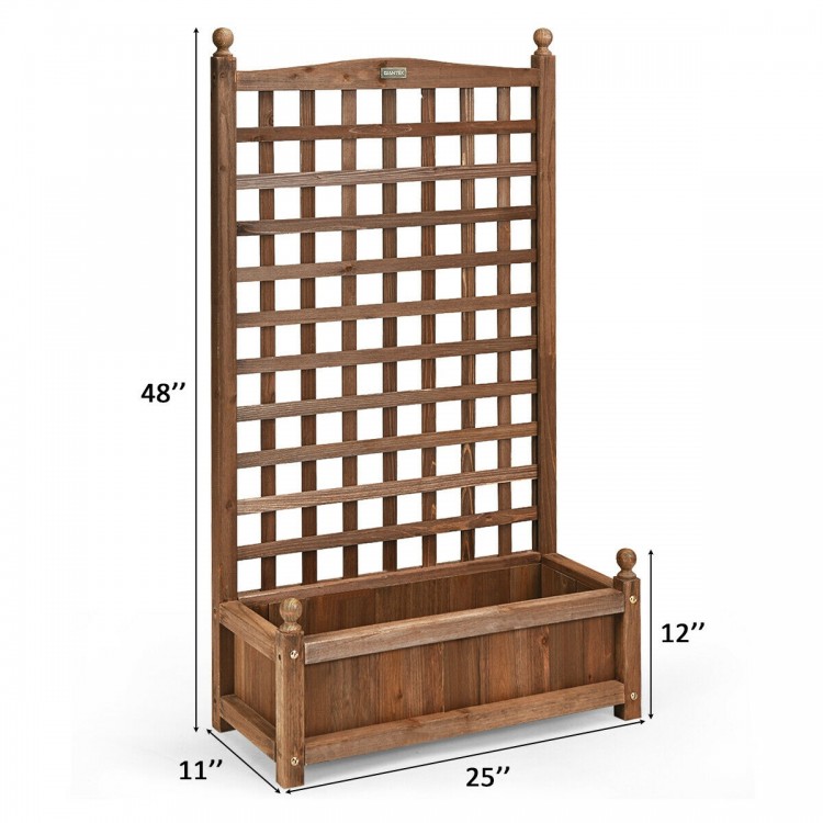 Free standing wood planter box with trellis, 48” tall, weather-resistant design for outdoor use, ideal for gardens and.