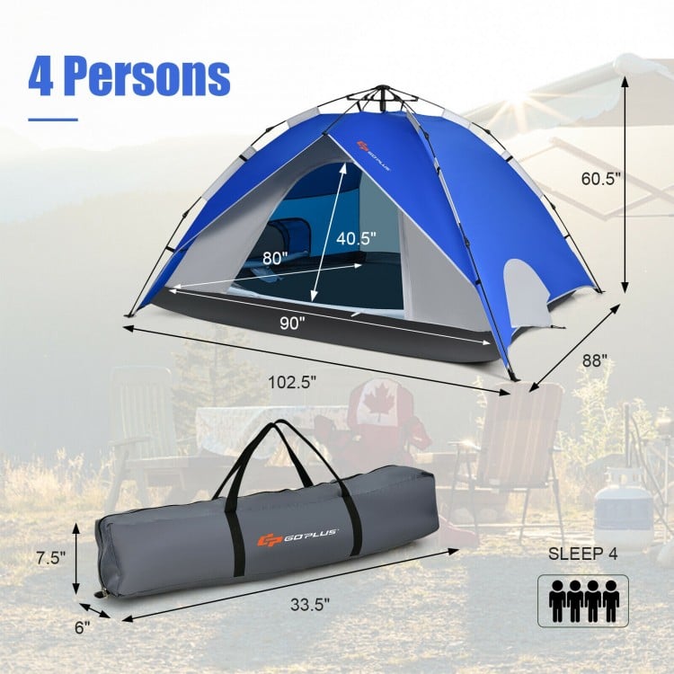 4-person instant pop-up camping tent in blue with waterproof fabric, featuring 2 doors and mesh windows for ventilation.