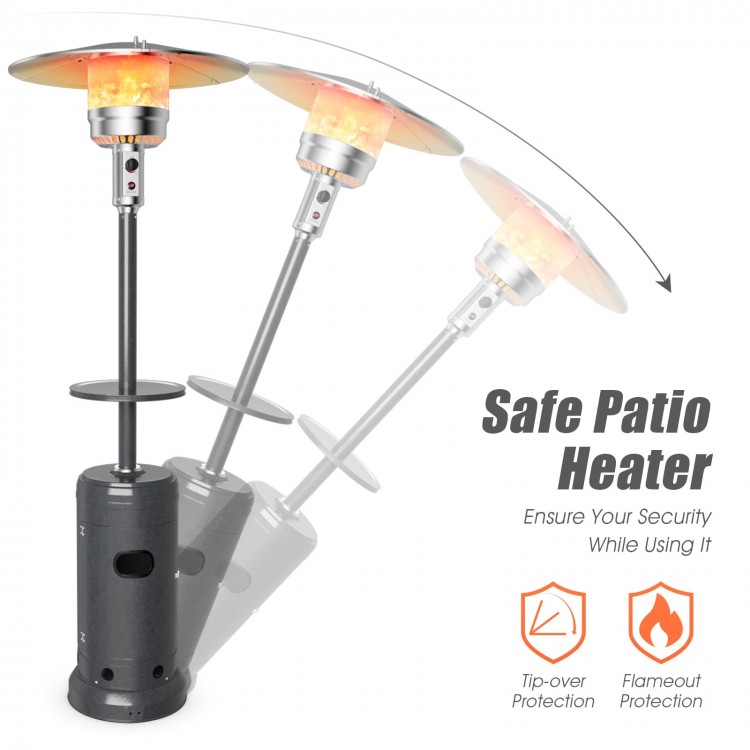 Outdoor propane patio heater with table and wheels, 87" tall, features tip-over protection for safe outdoor use.