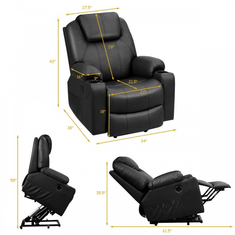 Electric power lift recliner chair in black with massage features, USB port, and cup holders for ultimate comfort.