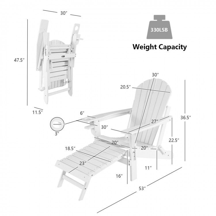 Folding Adirondack chair with pull-out ottoman in white, made of HDPE, ideal for backyard and poolside relaxation.