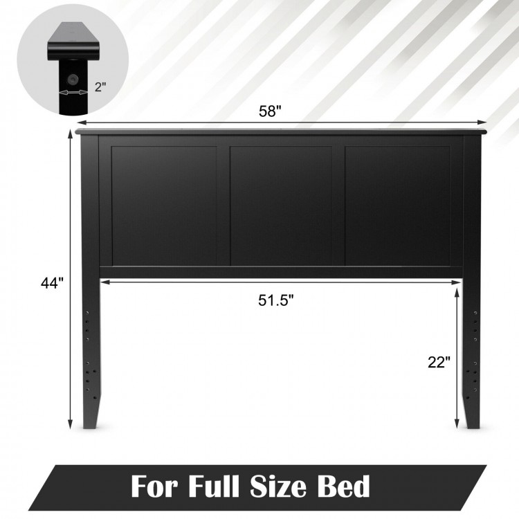Black flat panel headboard for full size bed, made of sturdy pine wood with adjustable height and pre-drilled holes for.
