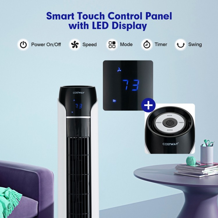 Portable 48-inch tower fan with remote control, featuring a smart touch panel and LED display for easy operation.