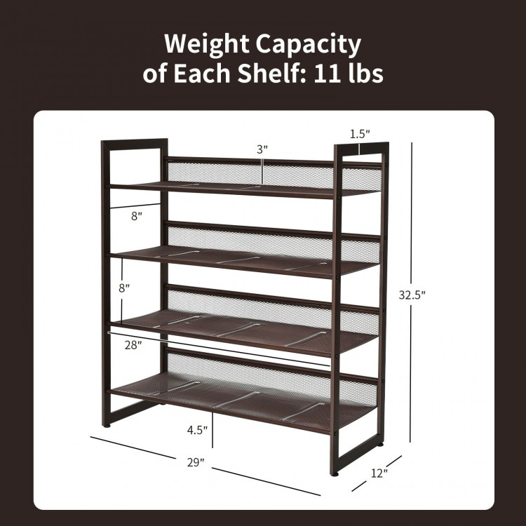 4-tier metal shoe rack with mesh shelves, holds 11 lbs each, ideal for compact entryway storage.