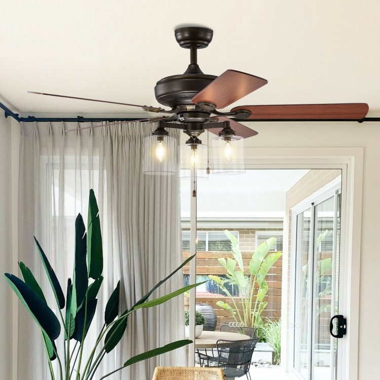 52-inch ceiling fan in bronze with a pull chain, showcasing elegant wood blades and clear glass lampshades for stylish.