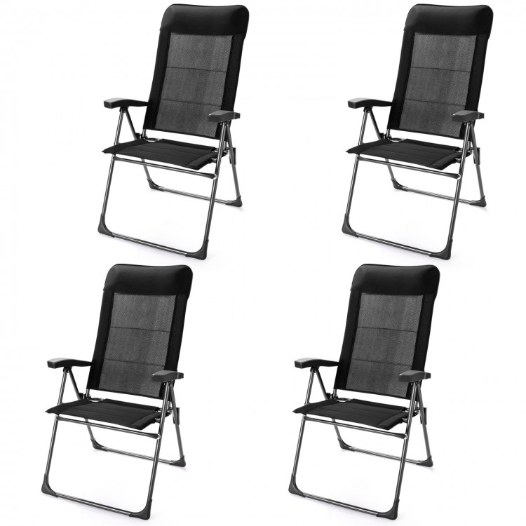Set of 2 black portable patio folding dining chairs with adjustable headrests, ideal for camping and outdoor use.