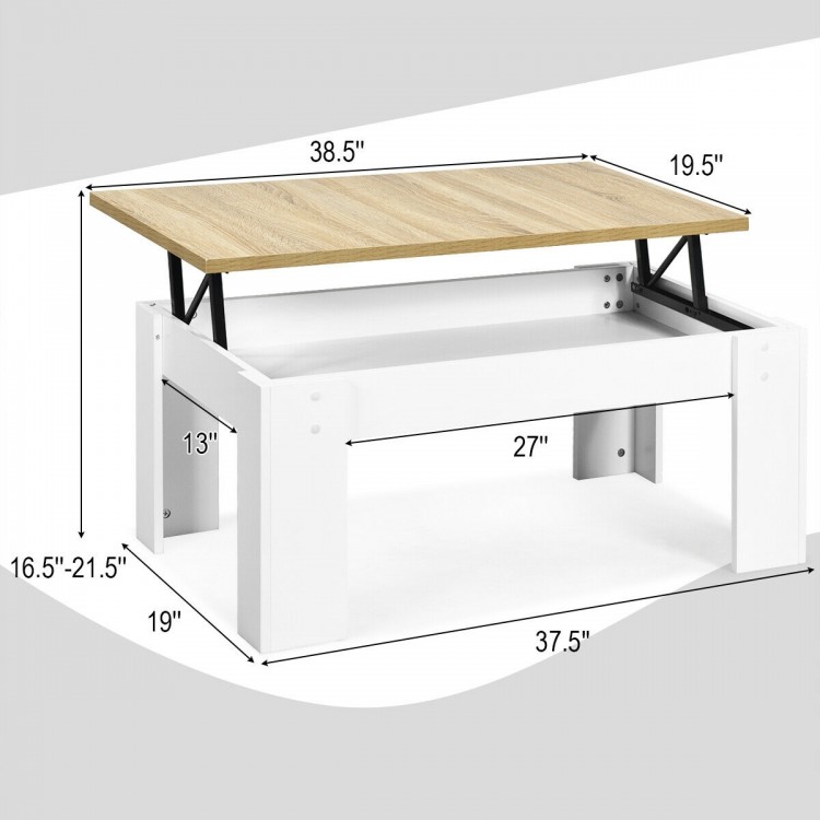 Lift top coffee table in white with a wooden surface, adjustable height, and hidden storage for versatile use.